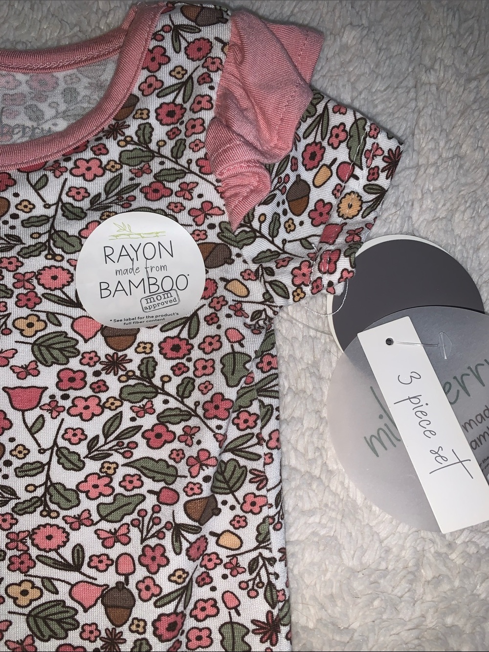 NWT Milkberry 3pc Set 3-6M Bamboo Bodysuit Pants Headband Acorns - Picture 5 of 9